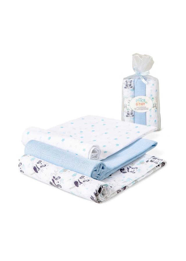 Set 3 Scutece din Muselina Alb-Bleu Imprimeu Panda 80x80 cm 98972-01 Interbaby