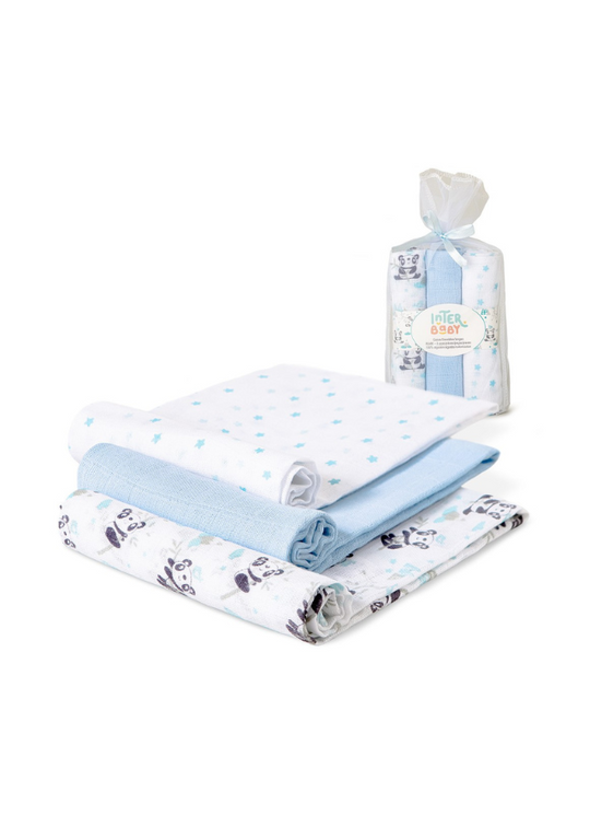 Set of 3 Muslin Diapers White-Blue Panda Print 80x80 cm 98972-01 Interbaby