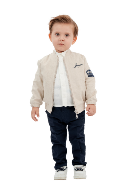 3 Piece Set, Beige Linen Jacket with Zipper, White Shirt and Navy Blue Pants 10101 Lemon