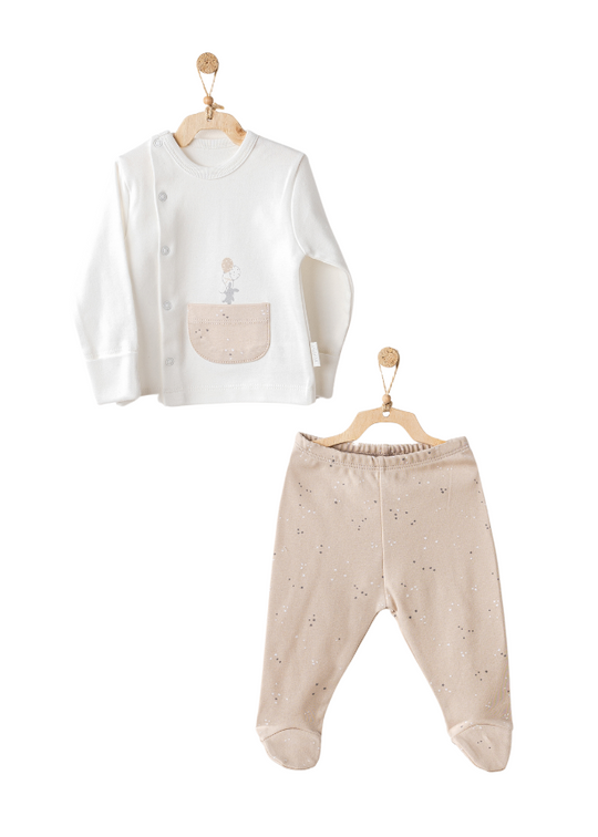 Set 2 Piese Bluza cu Capse si Pantaloni Crem cu Bej Imprimeu Iepuri AC25068 Andywawa