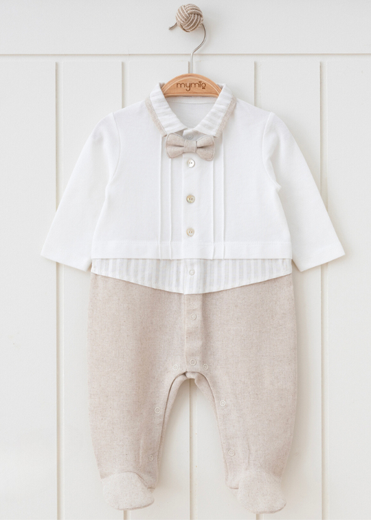 Довгий білий бежевий комбінезон із краваткою-метеликом 5609 MyMio