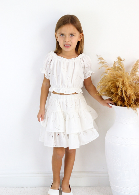 Set 2 Piese Crem Top si Fusta din Bumbac Broderie Decupata M0643 Connie Baby