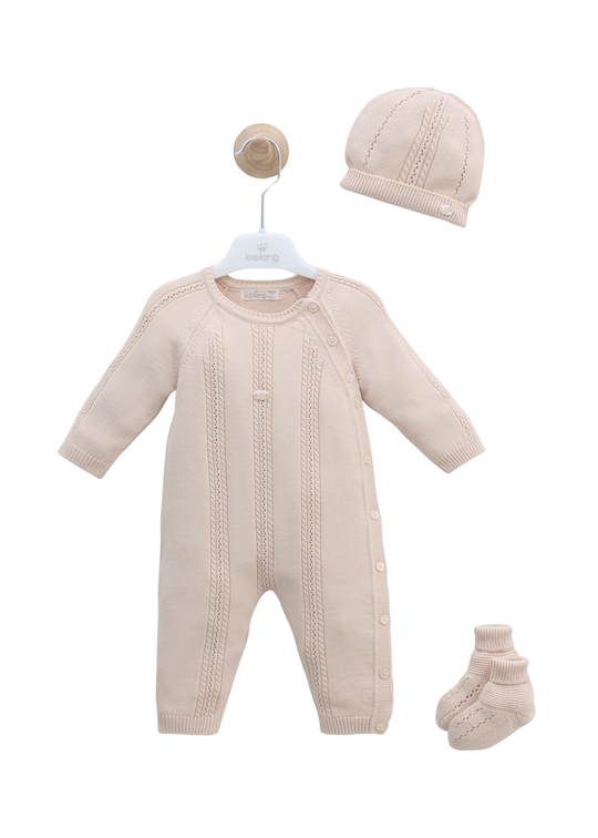 Set 3 Piese Tricotat Salopeta Lunga Bej Caciula si Botosi 7453 Leo King