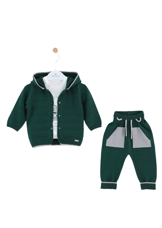 3 Piece Set Green Knitted Hoodie and Pants and White Blouse with Rabbit 8516 Leo King
