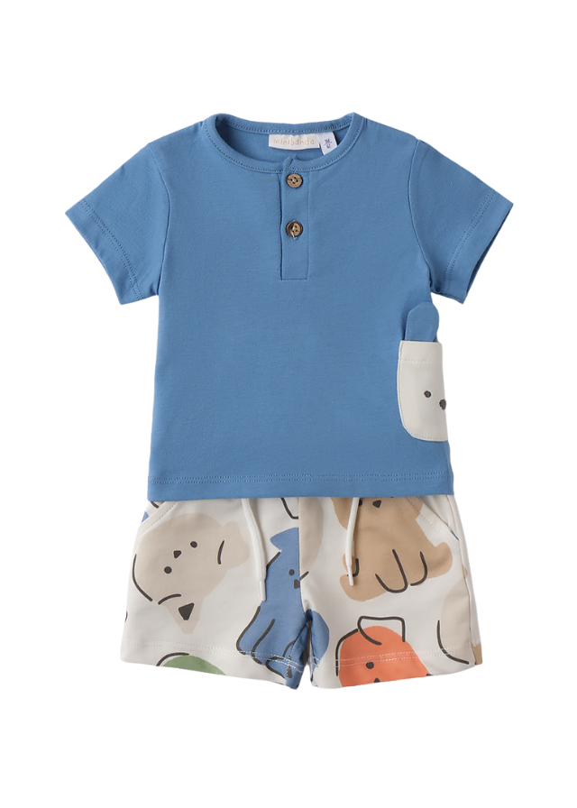 Set 2 Piese Tricou Albastru si Pantaloni Scurti cu Imprimeu Catei 3.B638/00 Minibanda