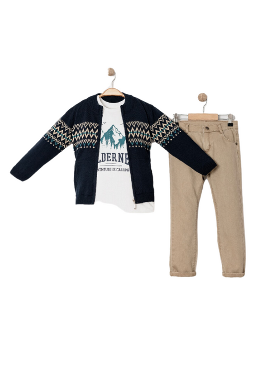Set of 3 Pieces Navy Blue Knitted Jacket with Zipper Cream Blouse with Mountains and Beige Pants 15204 Bebus