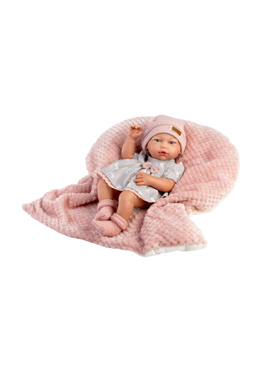 Papusa Claudia, 38 cm, Fara Par, Corp Vinil+Textil cu Rochita Gri si Caciula Roz 853 Guca Munecas