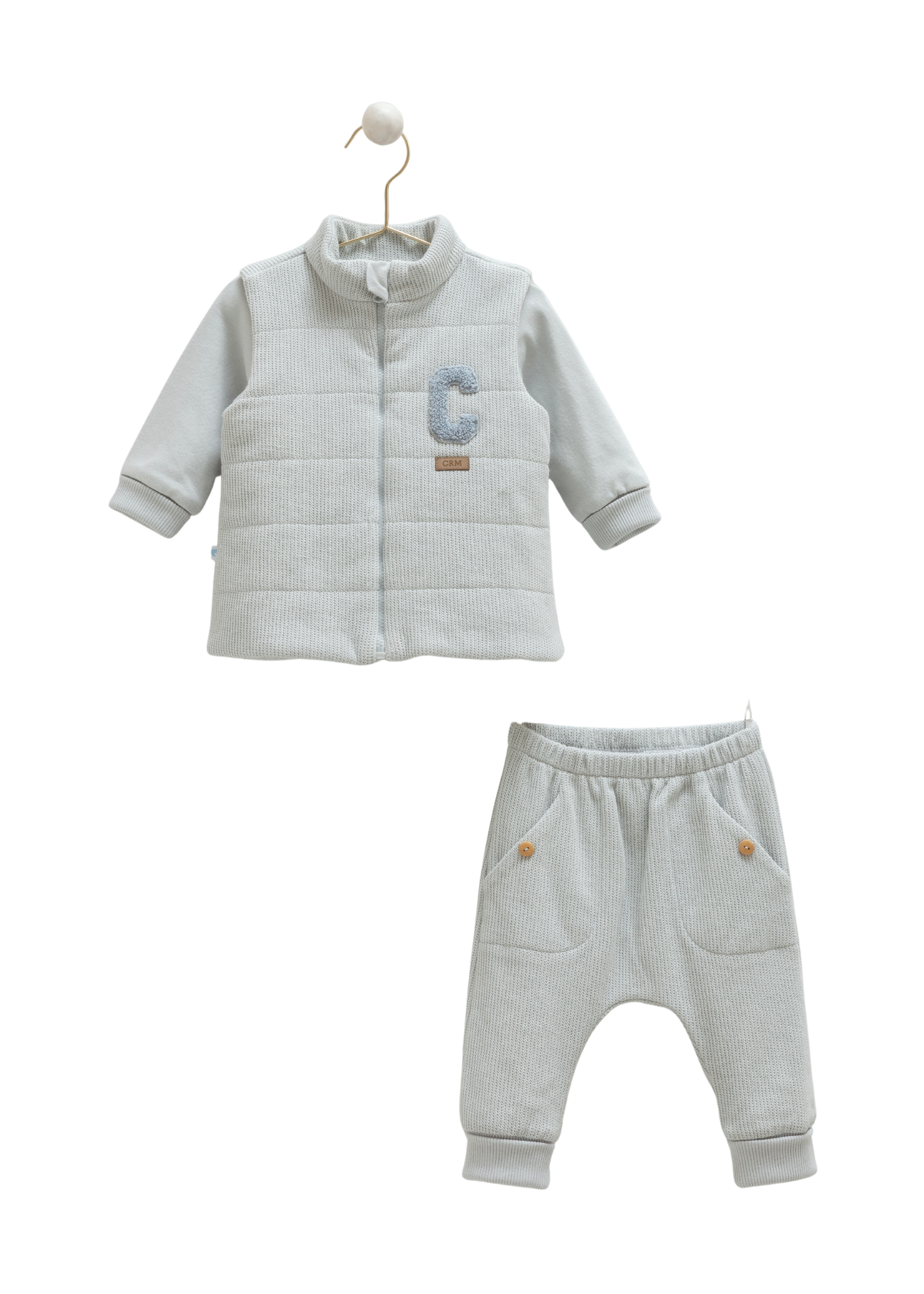Set 3 Piese Bleu Bluza si Pantaloni Lungi Bumbac si Vesta Matlasata cu Fermoar TKE2055 Mell Sweet Baby