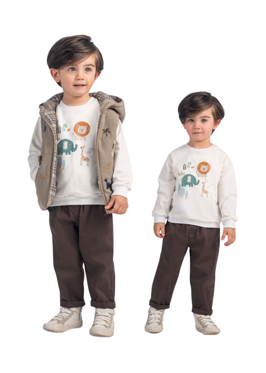 Set 3 piese Vesta Matlasata Bej Bluza Crem Maneca Lunga cu Animale si Pantaloni Lungi Maro 16261 Bebus