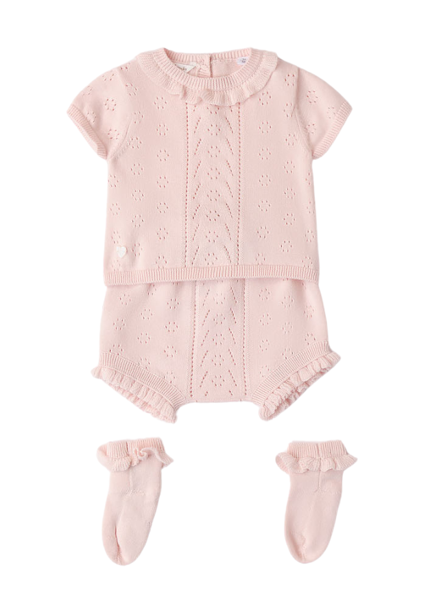 AnneBebe - Set 3 Piese Roz Tricotate, Bluza cu Maneca Scurta, Pantaloni Scurti si Sosete 8785 Minibanda