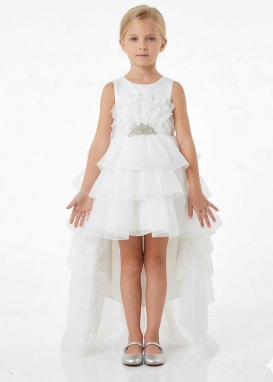 Ivory organza ceremony dress with ruffles and train, with crystal waist accessory art 3248 Mon Princess