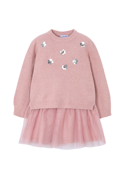 Pink Knit and Tulle Combined Dress 4918 Mayoral