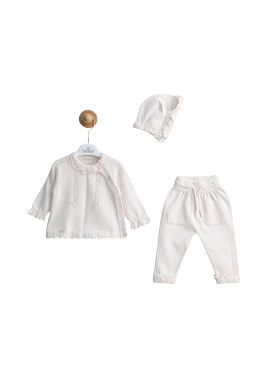 3 Piece Knitted Set Blouse Long Pants and Hat Light Beige with Lace 8539 Leo King