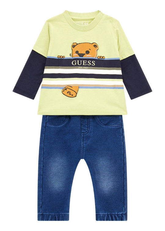 Set of 2 Yellow Blouse with Navy Blue with Bear and Denim Pants I4BG18 I3Z13 A830 Guess