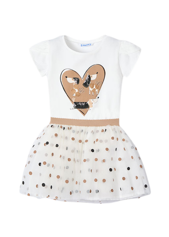 Set 2 Piese Tricou Crem cu Inima Bej si Catei si Fusta Fulle Crem cu Buline Bej si Negre 3946 Mayoral