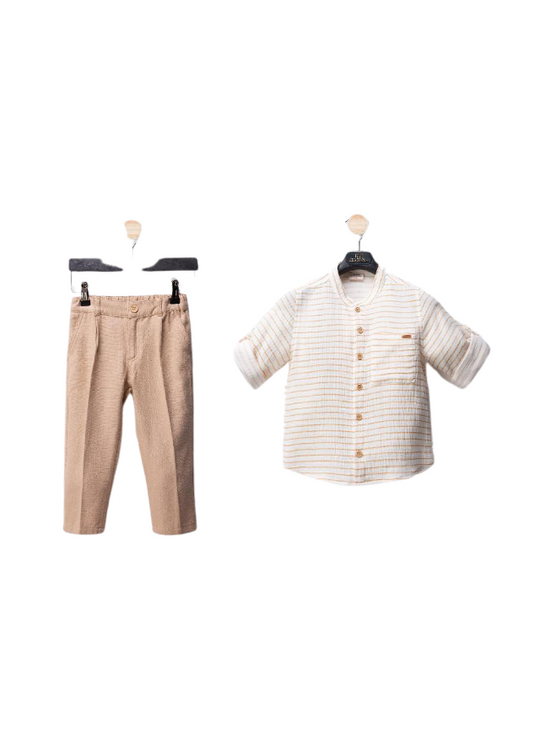 Set 2 Piese Camasa Crem cu Dungi Bej si Pantaloni Lungi Camel M54192 Midimod Gold