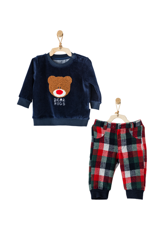 Set 2 Piese Bluza din Velur Bleumarin cu Urs si Pantaloni Lungi Ecosez AC24423 Andywawa