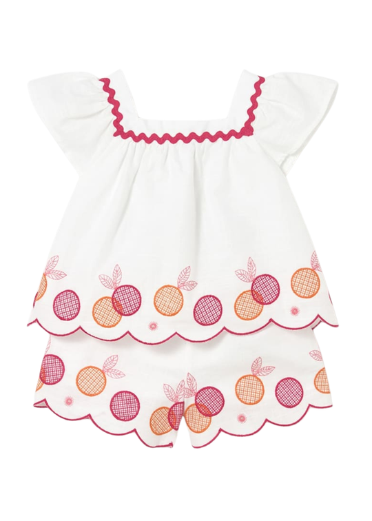 Set 2 Piese Top si Pantaloni Scurti Alb cu Broderii Roz si Portocalii 1214 Mayoral