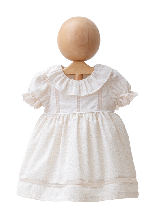 Rochie cu Maneca Scurta Alba cu Imprimeu Flori Mici Bej si Volan la Guler 4297 MyMio