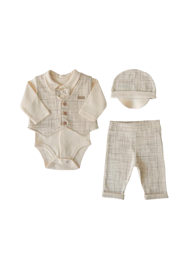 Set 4 Piese Botez Bej din Bumbac Organic Camasa Pantaloni Sapca si Botosi S13989 KitiKate