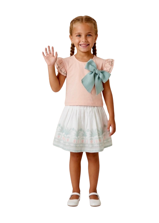 Set 2 Piese Tricou Roz cu Funda Verde si Fusta cu Imprimeu Verde 17018 Bebus