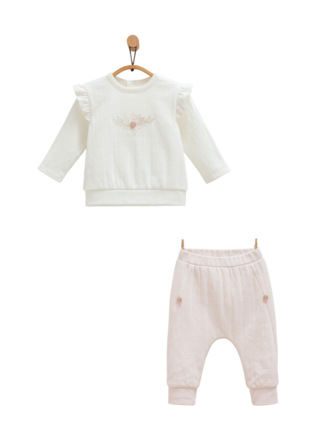 Set 2 Piese Bluza si Pantaloni Crem cu Roz Rose Baby TKK1614 Mell Sweet Baby