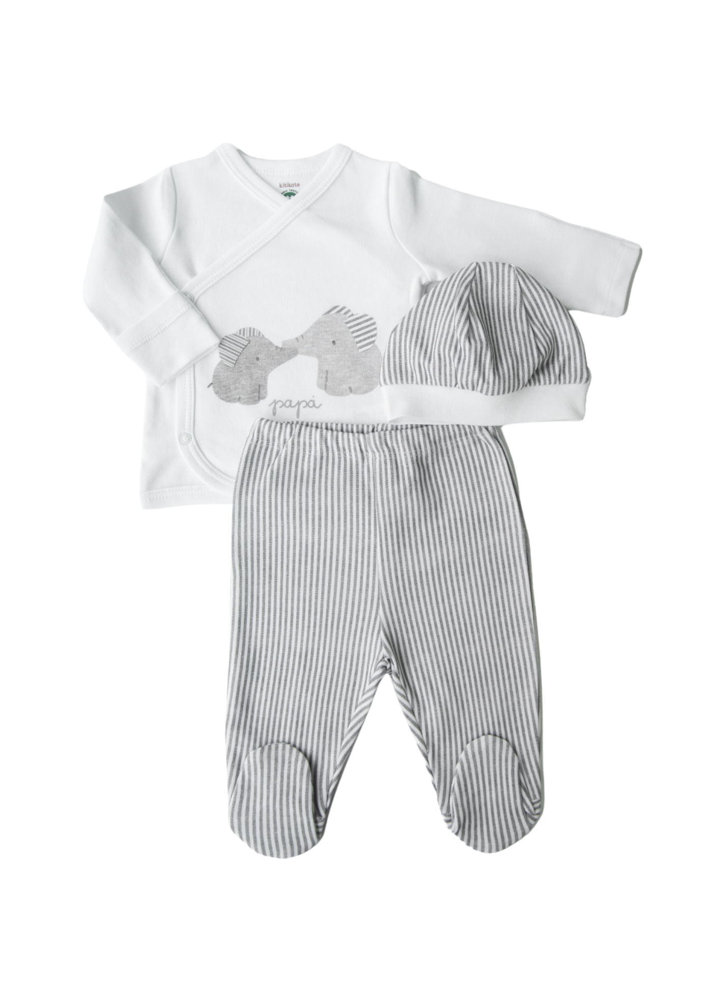 Set 3 Piese Nou Nascut din Bumbac Organic Alb cu Dungi Gri cu Elefanti S89892 KitiKate