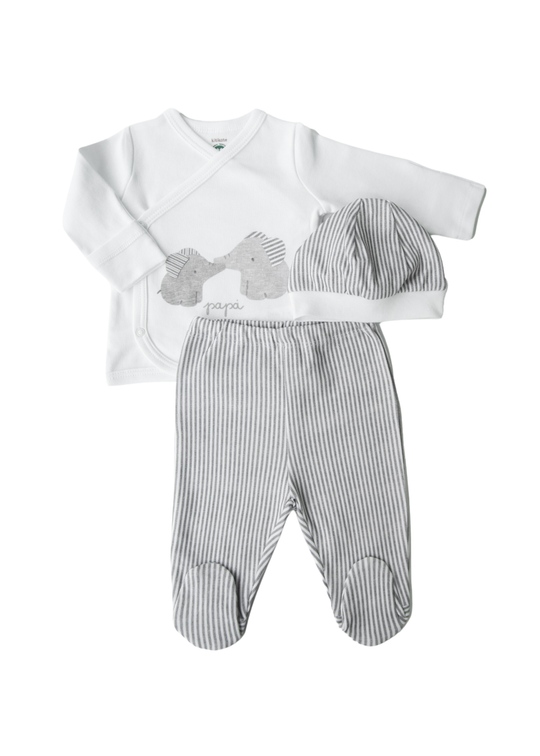 3-piece newborn set made of organic white bbc with gray stripes and elephants art S89892 KitiKate