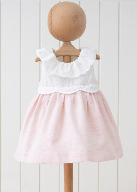 White Bust Dress Cotton Embroidery Salmon Skirt and Ruffle Collar Sleeveless 5521 MyMio