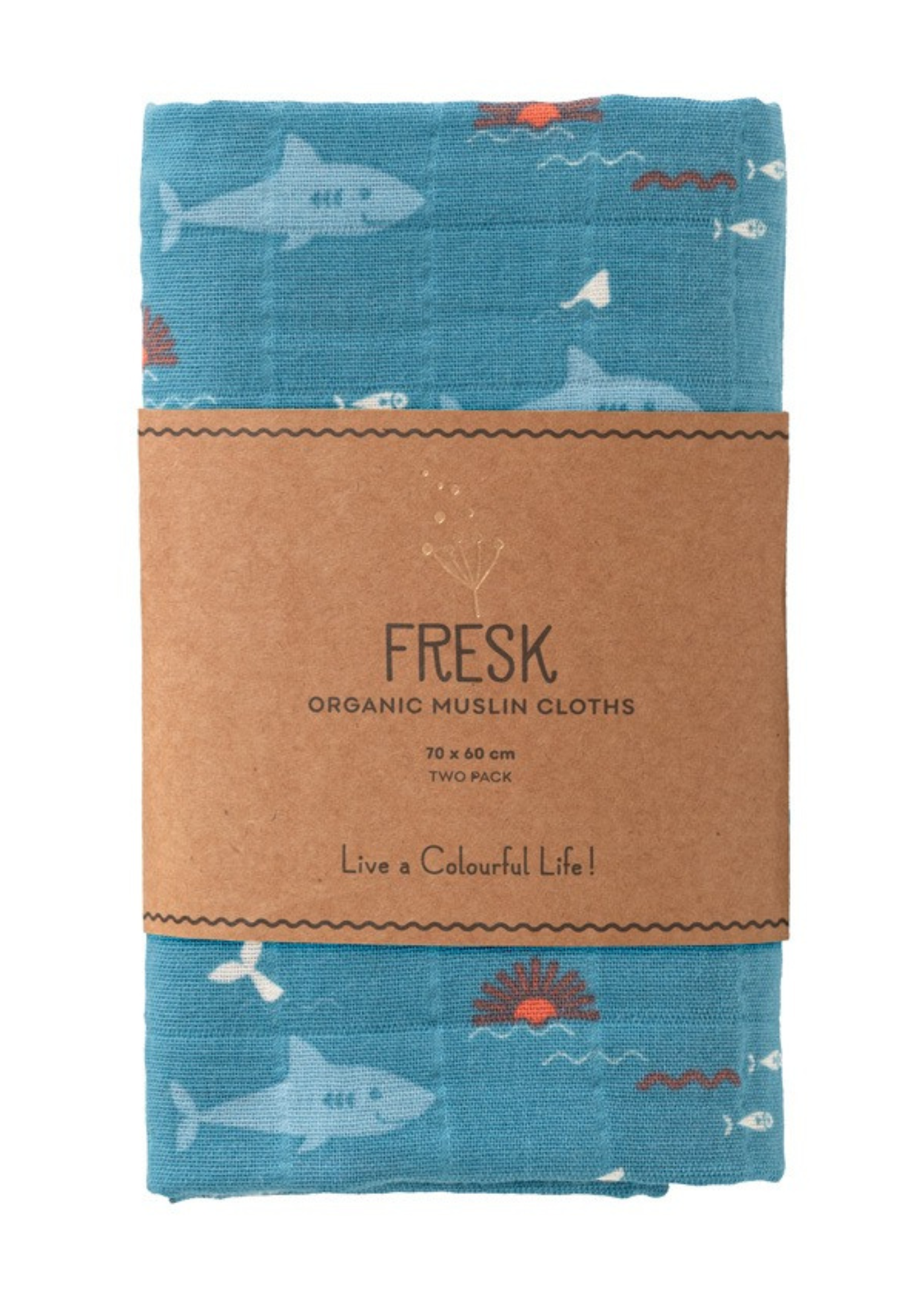 Set of 2 navy blue muslin blankets with shark print made of organic cotton 70x60 cm F115-88