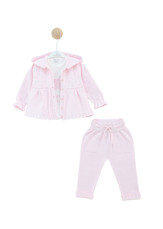 Set 3 Piese Jacheta si Pantaloni Lungi Tricotate Roz si Bluza Bumbac 8531 Leo King