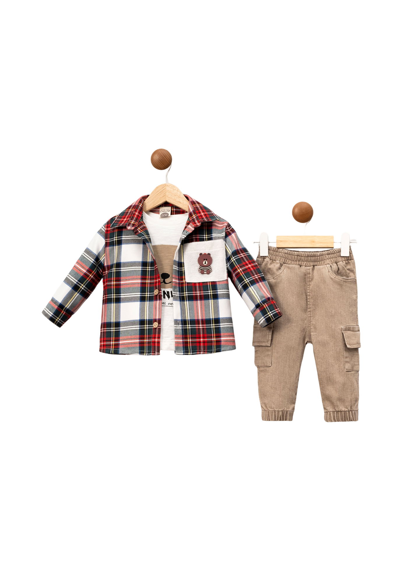 Set 3 Piese Camasa Carouri Rosii Bluza Crem cu Urs si Pantaloni Lungi Bej 3594 Mino Baby