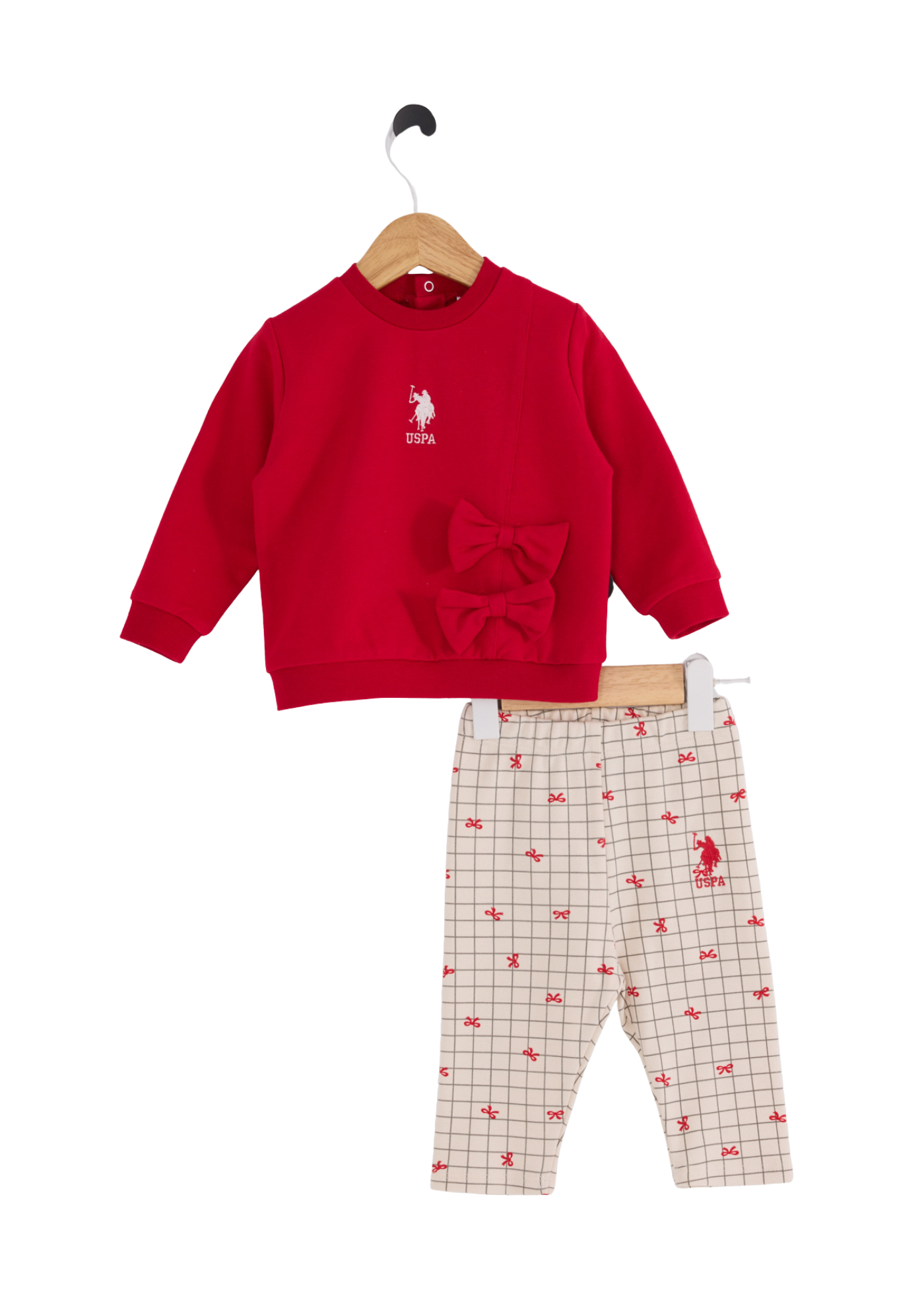 Set 2 Piese Bluza Rosie si Pantaloni Bej cu Fundite USB2727 V1 Us Polo Assn