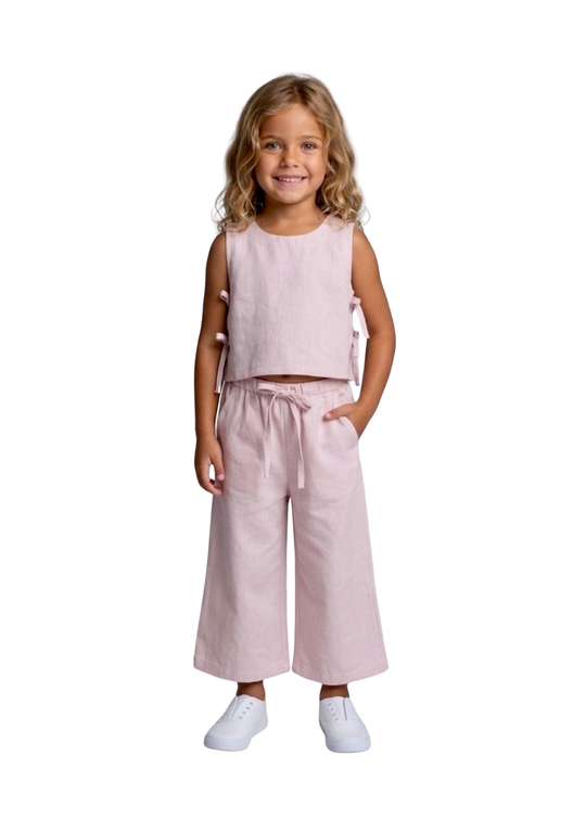 Set 2 Piese Top Fara Maneci si Pantaloni Lungi Ciclamen 17032 Bebus