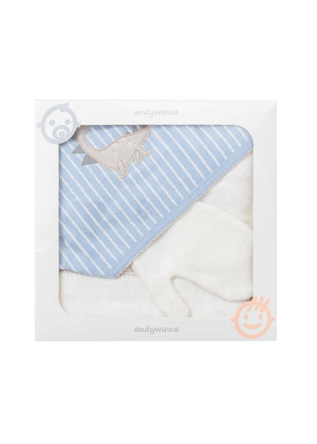 Set 3 Piese Baie Prosop Crem cu Bleu cu Dinozauri, Scutec Muselina si Manusa de Baie AC25922 Andywawa