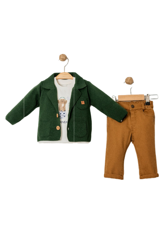 3 Piece Set Green Knitted Cardigan with Lapel Cream Blouse with Bear and Brown Pants 15041 Bebus