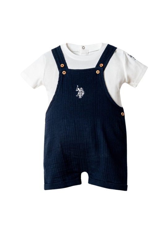 White T-Shirt and Navy Blue Muslin Short Dungarees Set USB2881 V1 Us Polo Assn