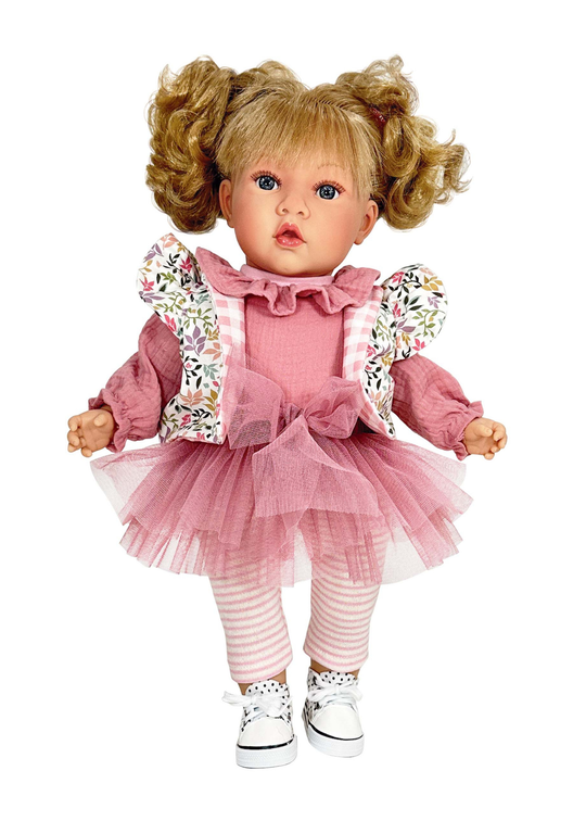Papusa Parfumata Susette Blonda cu Mecanism, Fustita Tull Roz Pudra si Bluzita din Muselina  - 45 cm – 6533 – Nines