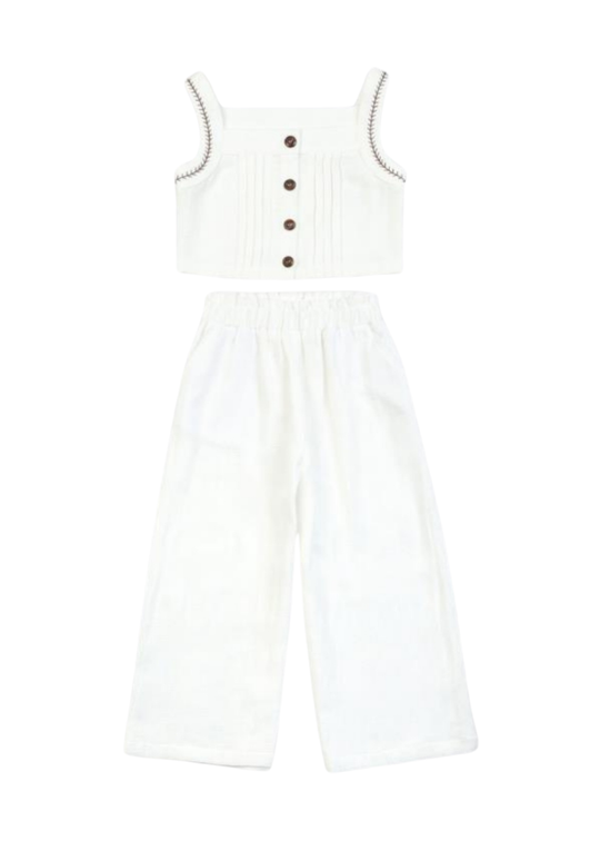 Set 2 Piese Ivory Top Scurt cu Bretele si Nasturi si Pantaloni Lungi 17203 Bebus