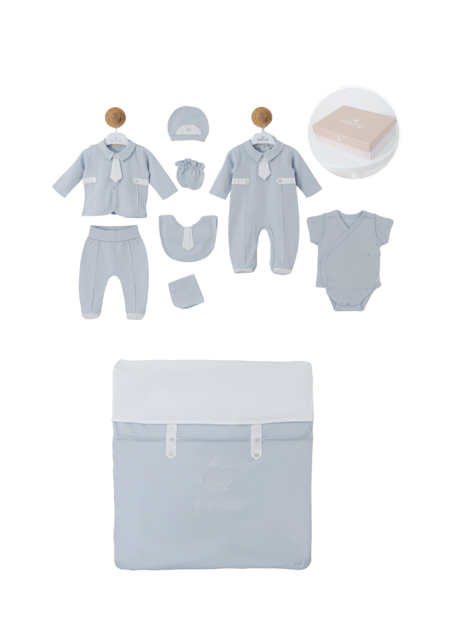 Set 10 Piese Maternitate Salopeta Bumbac Alb cu Bleu cu Cravata 3503 Leo King
