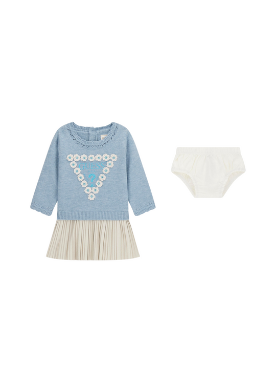 Rochie cu Maneca Lunga Tricotata Bleu cu Fusta Plisata Bej A5YK07 Z3OS0 F7TG Guess