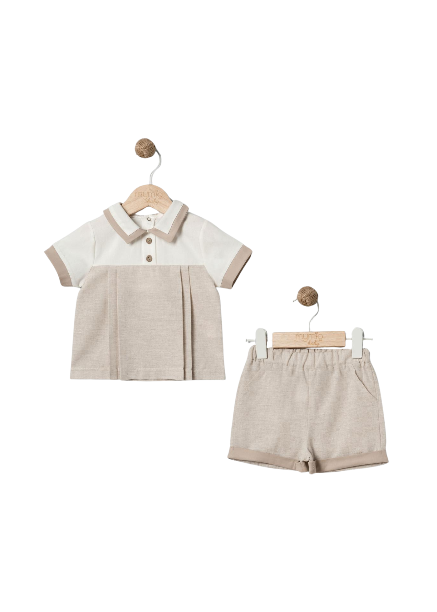 Set 2 Piese Bej Bluza cu Guler si Maneca Scurta si Pantaloni Scurti 4592 MyMio