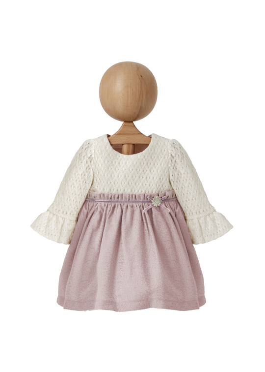 Rochie cu Mana Lunga Fusta Brocard Roz Pudra Bust Tricot Bej 4406 MyMio