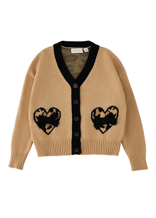 Cardigan Tricotat Bej cu Inimioare si Funde Negre 0H329 – Sarabanda