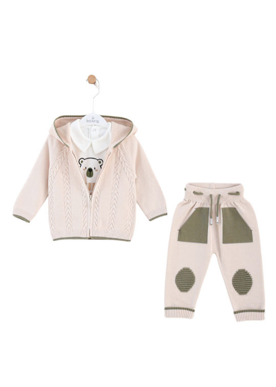 3 Piece Set Beige Knitted Hoodie and Pants White Cotton Blouse with Bear 8511 Leo King