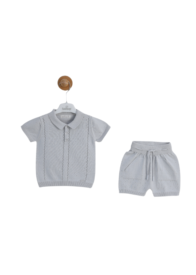 Set 2 Piese Tricotat Gri Bluza cu Maneca Scurta cu Guler Polo si Pantaloni Scurti 8156 Leo King