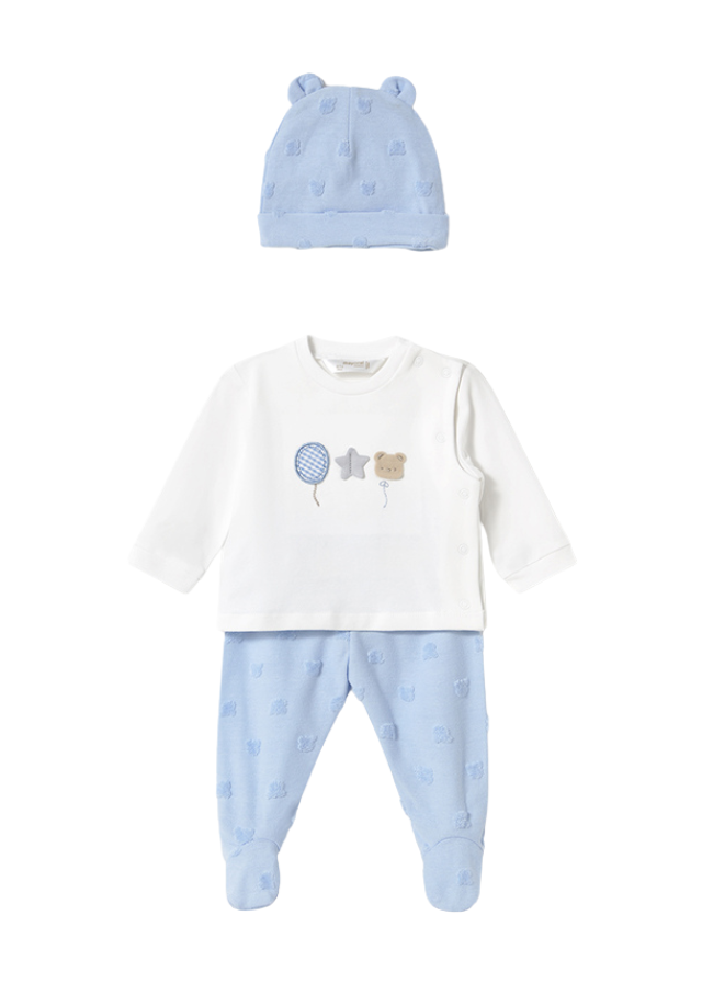 Set 3 Piese Pijama Bluza Crem si Pantaloni Lungi si Fes Bleu 1557 Mayoral