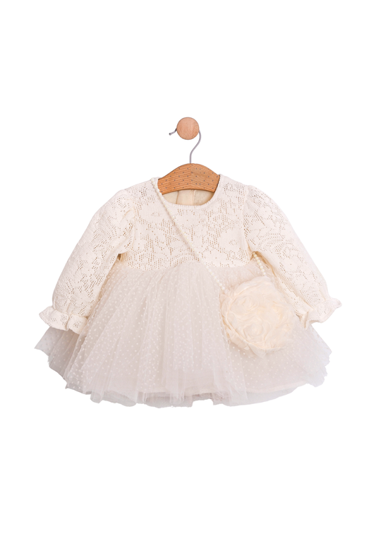 Rochie Crem cu Maneca Lunga Bust Dantela si Fusta Tulle cu Picouri cu Geanta MJ169 Mary & Joe