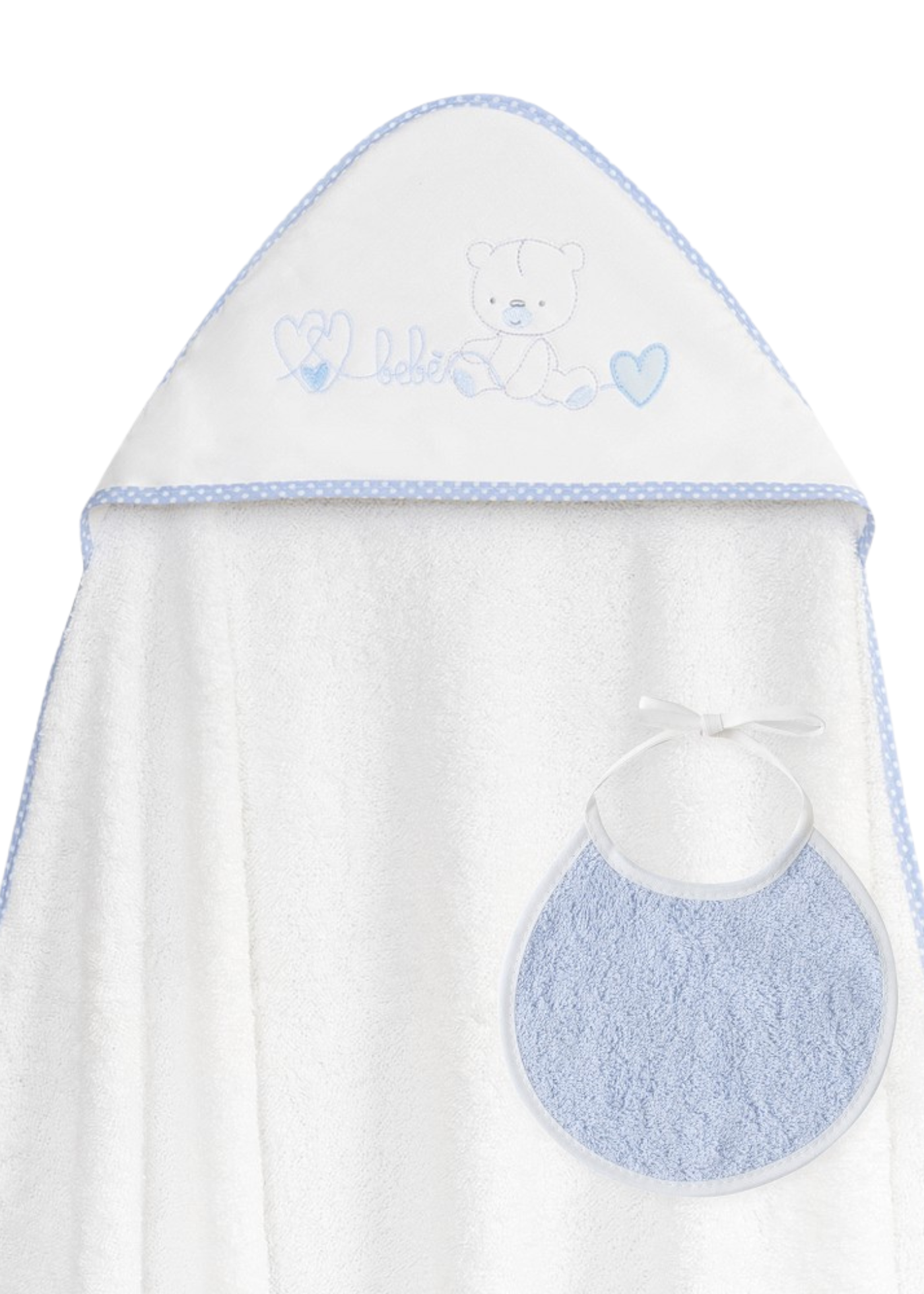 Prosop cu Capison 100x100 cm si Bavetica Alb-Bleu cu Ursulet si Inimioare 01249-11 Interbaby