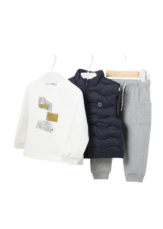 Set of 3 pieces navy blue waistcoat, gray sport pants and cream blouse 2640 Mayoral